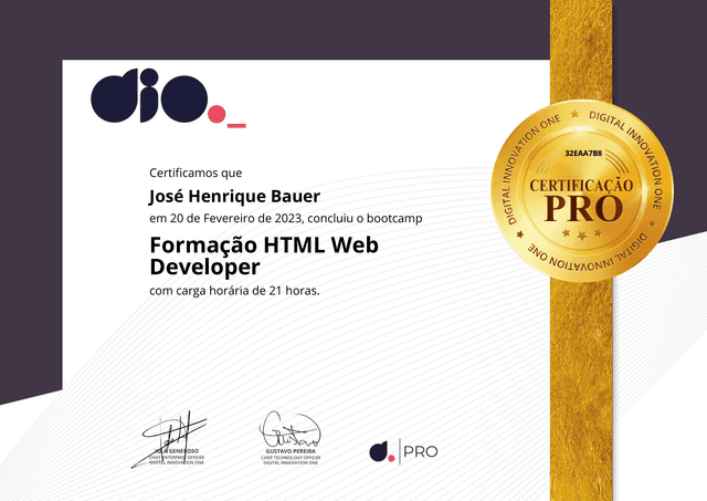 Formação HTML Web Developer com 21h, oferecido pela DIO (2023)