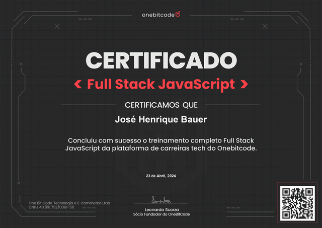 Curso com +200h de Desenvolvedor Full Stack JavaScript pela One Bit Code (2023 - 2024)